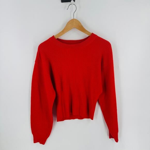 Pink Rose Red Ribbed Cropped Sweater Long Sleeve Size M Fall Cozy Holiday Layer - Picture 1 of 6